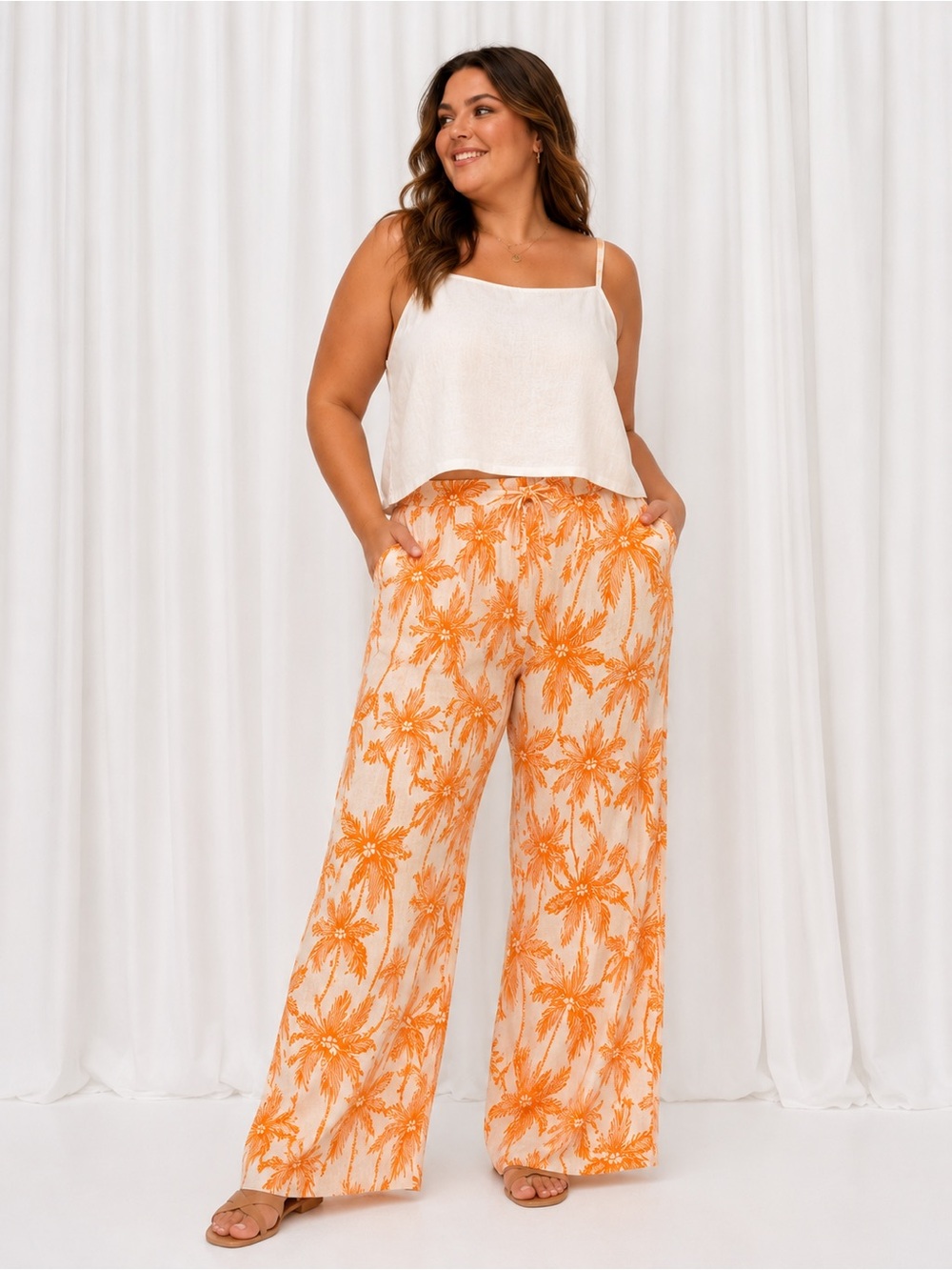 Future Collective Alani Noelle XXL Linen Blend Palm Print Wide Leg Pants - Picture 2 of 9